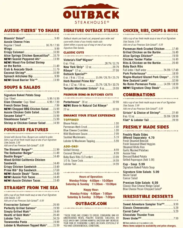 Outback Steakhouse Full Menu With Prices