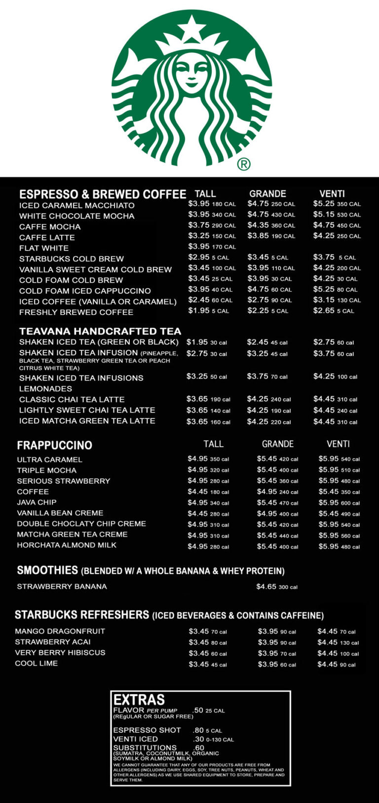 Starbucks Drink Menu With Prices